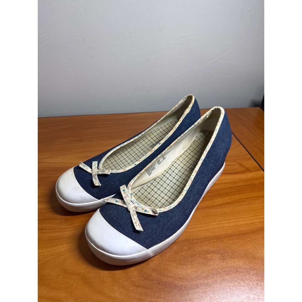 No Boundaries Womens Denim Wedge Ballet Flats Blue Floral Bow Y2K 9.5